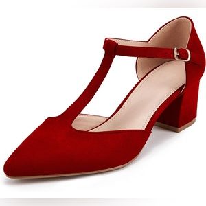Huiyuzhi Womens T-Strap Pumps Pointed Toe Ankle Buckle Chunky Block Heel red